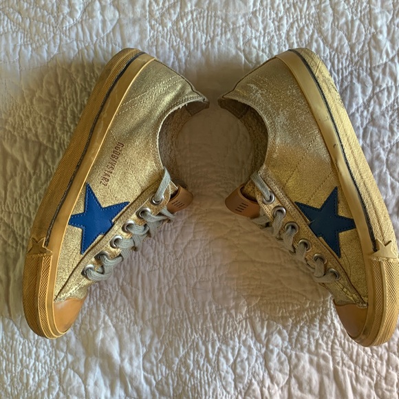 GOLDEN GOOSE FRESH VSTAR2 SNEAKERS FRESH GOLD BLUE LEATHER STAR SPRING SUMMER - Picture 4 of 9